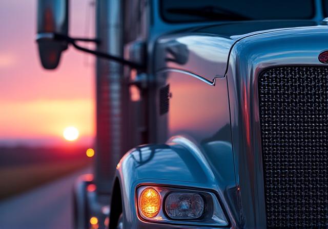 Close up of a modern logistics truck reflecting city lights